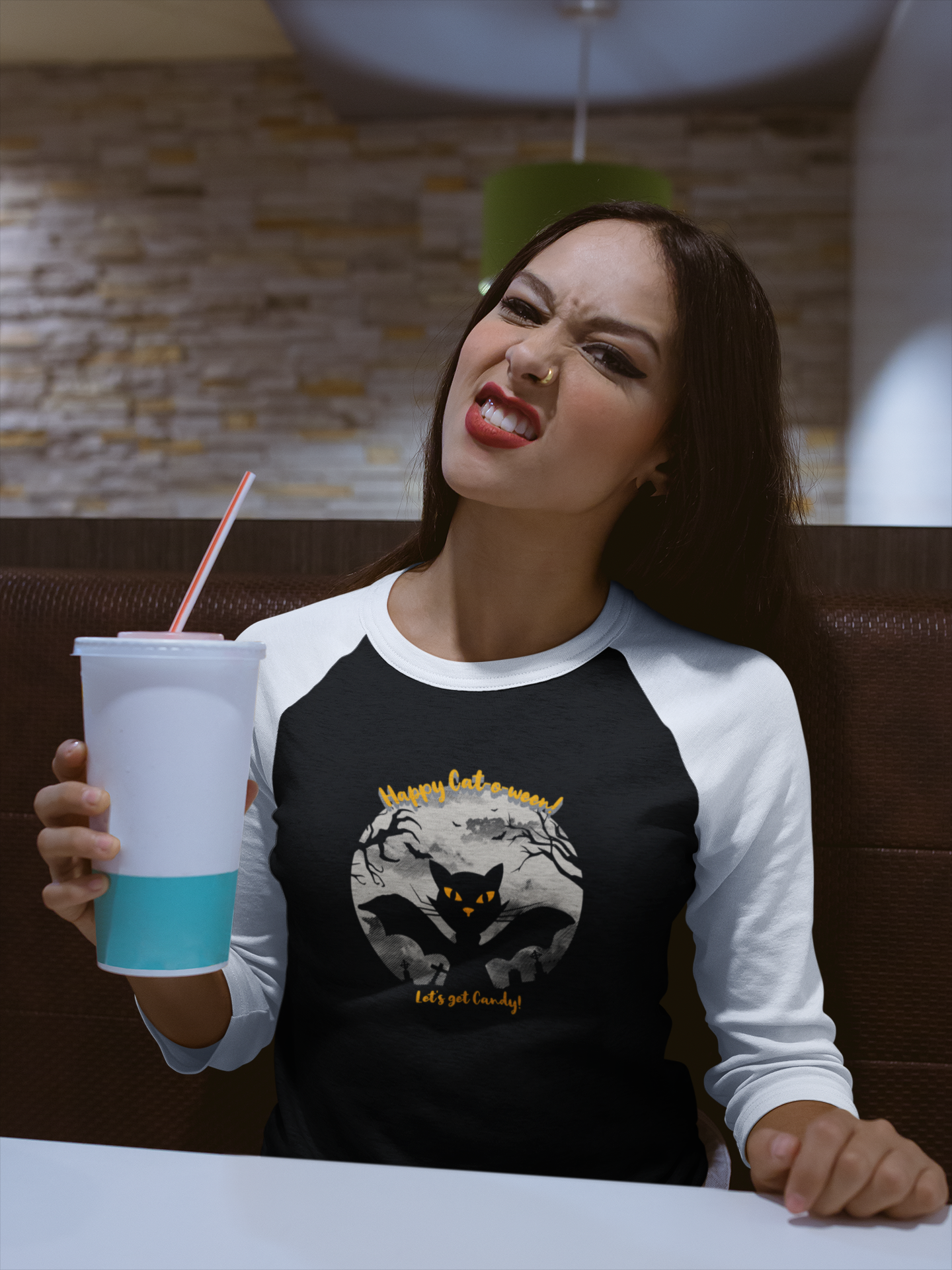 'Happy Cat-o-ween!...Let's Get Candy!' Unisex 3\4 Sleeve Baseball Tee.