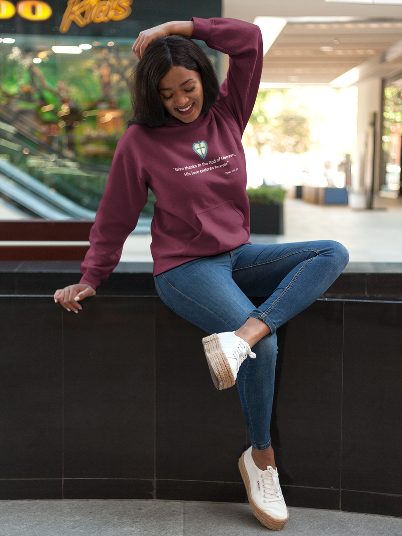 "Give Thanks to the God of Heaven. His Love endures forever" Psalm 136:26 Unisex Heavy Blend™ Hooded Sweatshirt.
