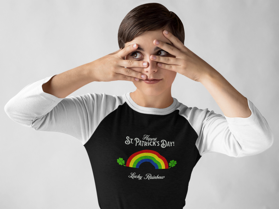 'Happy St. Patrick's Day! Lucky Rainbow! Unisex 3\4 Sleeve Baseball Tee.