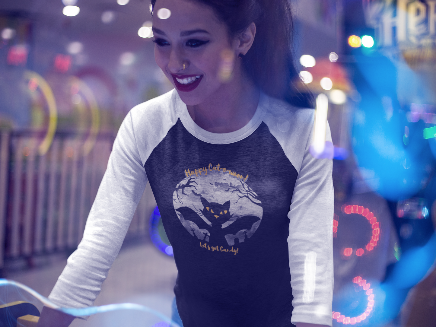 'Happy Cat-o-ween!...Let's Get Candy!' Unisex 3\4 Sleeve Baseball Tee.