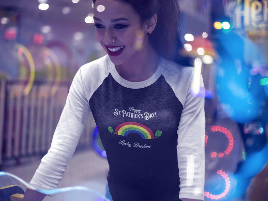'Happy St. Patrick's Day! Lucky Rainbow! Unisex 3\4 Sleeve Baseball Tee.