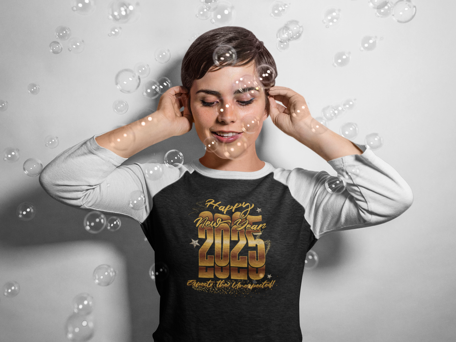 'Happy New Year 2025, Expect The Unexpected' Unisex 3\4 Sleeve Baseball Tee.
