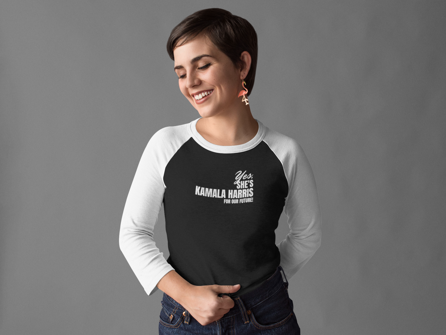 'Yes, She's Kamala Harris For Our Future!' Unisex 3\4 Sleeve Baseball Tee.