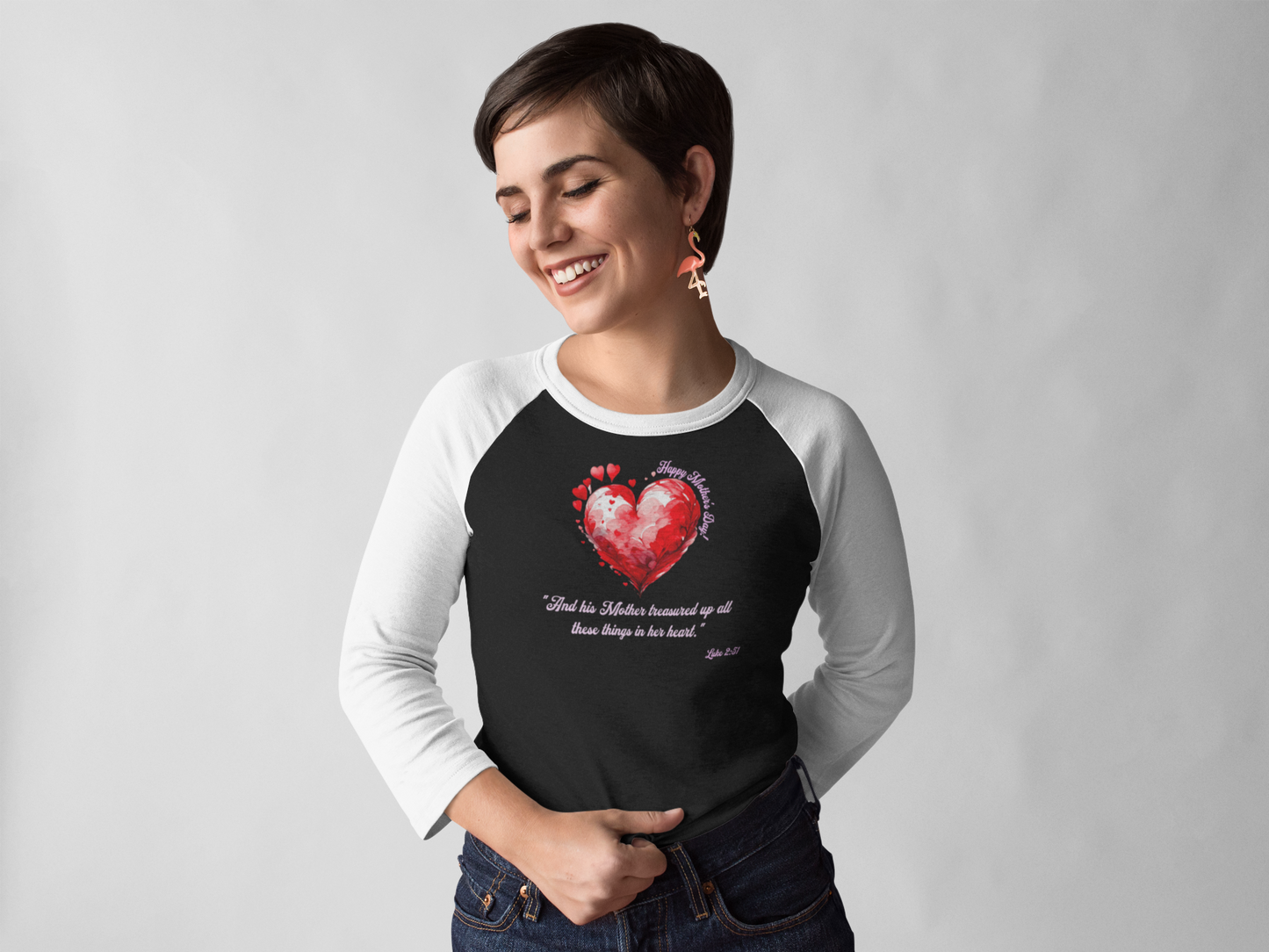 'Happy Mother's Day! "And His Mother Treasured Up All These Things In Her Heart"  2:51' Unisex 3\4 Sleeve Baseball Tee.