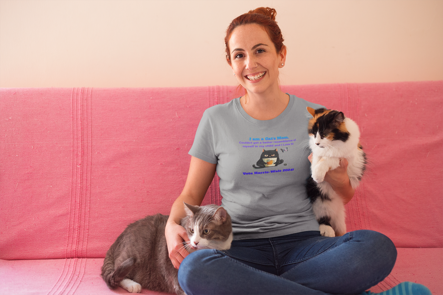 'I am a Cat's Mom, Couldn't Get a Better Resemblance of Myself in My Child and I Love it!...Vote Harris - Walz 2024!' Unisex Ultra Cotton Tee.