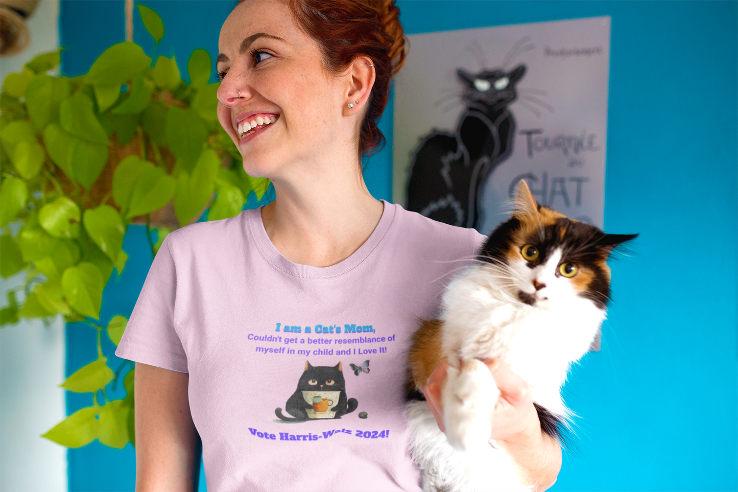 'I am a Cat's Mom, Couldn't Get a Better Resemblance of Myself in My Child and I Love it!...Vote Harris - Walz 2024!' Unisex Ultra Cotton Tee.