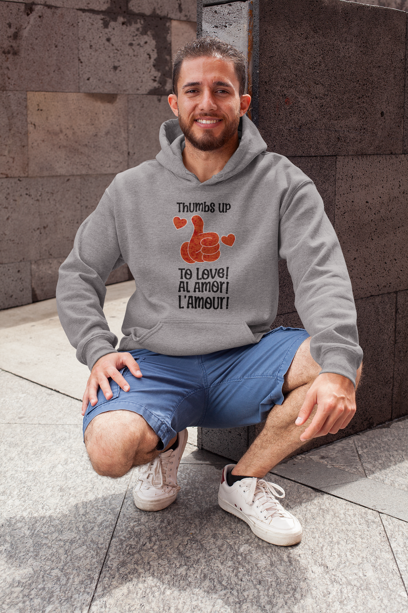 'Thumbs Up to Love!, Al Amor!, L'Amour! Unisex Heavy Blend™ Hooded Sweatshirt.