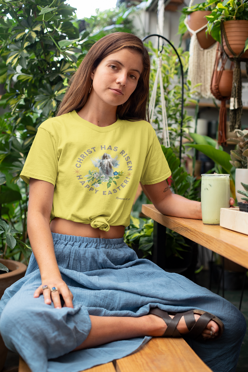 ' "Christ has Risen..." Happy Easter!' Romans 6:9 Unisex Cotton Tee.