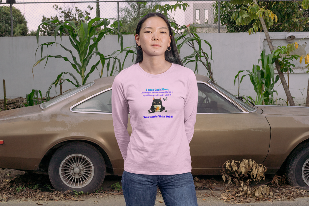 'I am a Cat's Mom, Couldn't Get a Better Resemblance of Myself in My Child and I love It!...Vote Harris - Walz 2024!' Unisex Ultra Cotton Long Sleeve Tee