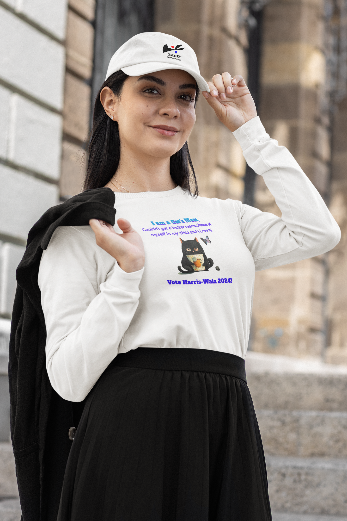 'I am a Cat's Mom, Couldn't Get a Better Resemblance of Myself in My Child and I love It!...Vote Harris - Walz 2024!' Unisex Ultra Cotton Long Sleeve Tee