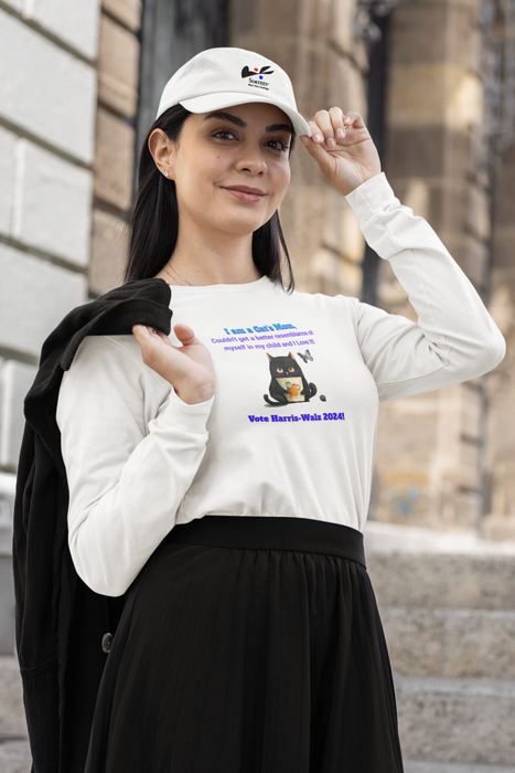 'I am a Cat's Mom, Couldn't Get a Better Resemblance of Myself in My Child and I love It!...Vote Harris - Walz 2024!' Unisex Ultra Cotton Long Sleeve Tee