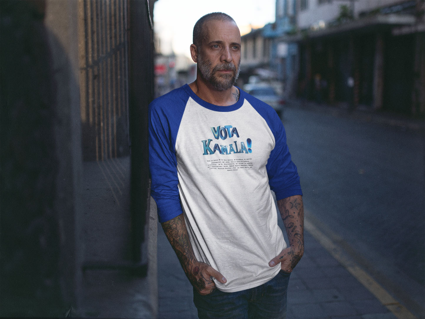 'Vota Kamala! Vota en contra de La Gran Mentira, de dictaduras, de immunidad presidencial, del acoso, Vota en contra de conductas criminales...' Unisex 3\4 Sleeve Baseball Tee