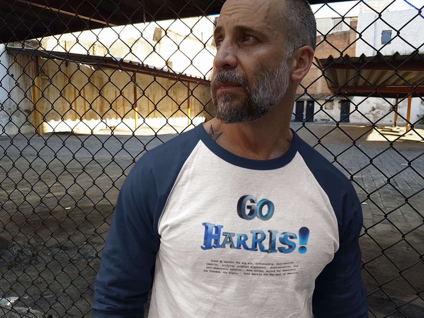 'Go Harris! Stanp Up Against The Big Lie, dictatorship, Presidential immunity,  bullying, criminal misconduct...'  Unisex 3\4 Sleeve Baseball Tee.