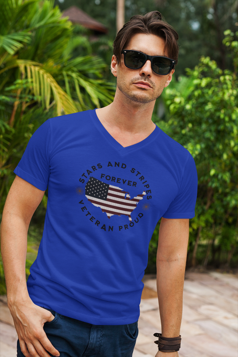'Stars and Stripes Forever  -Veteran Proud-'. Unisex Jersey Short Sleeve V-Neck Tee.