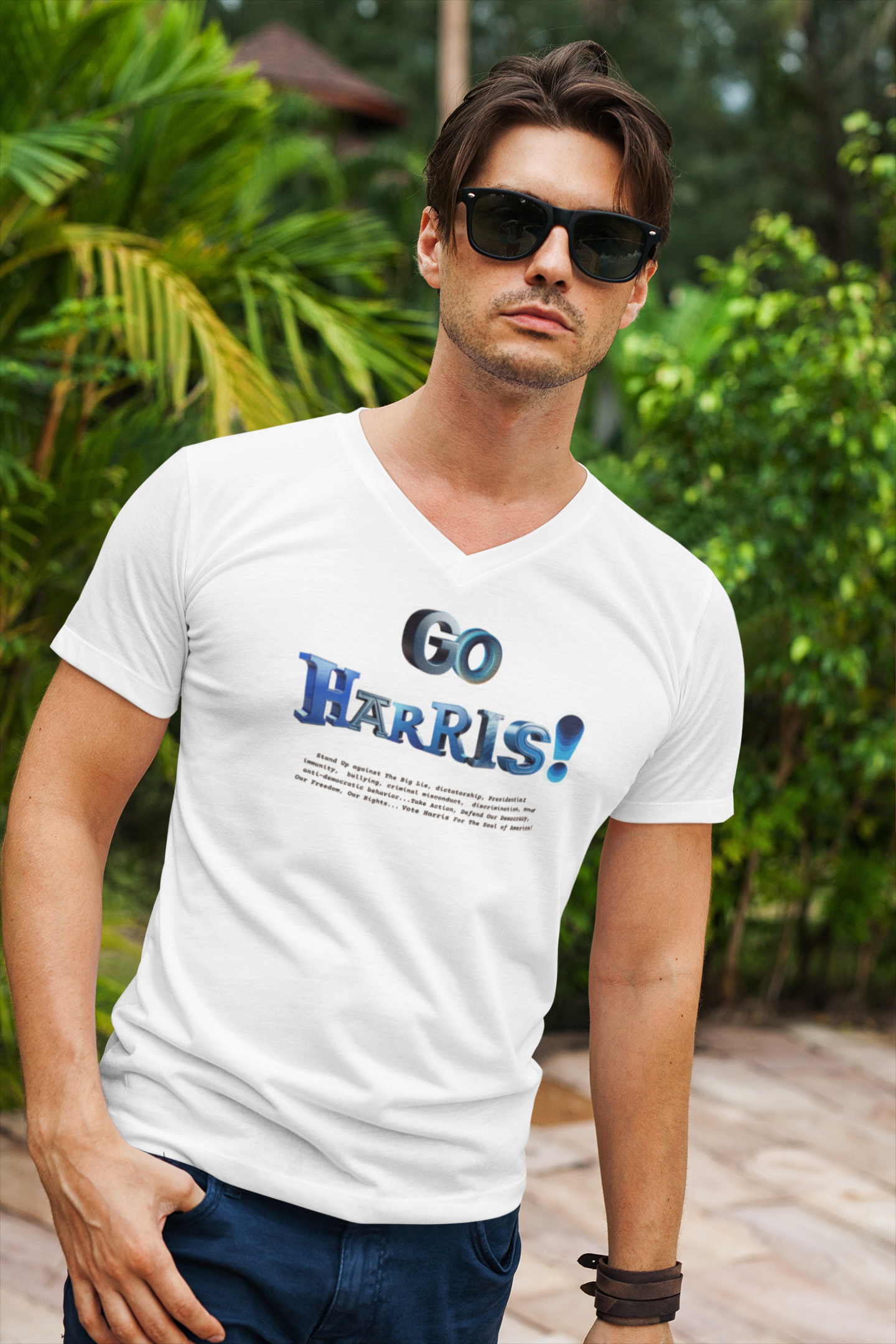 'Go Harris! Stanp Up Against The Big Lie, dictatorship,  Presidential immunity,  bullying,  criminal misconduct...'  Unisex Jersey Short Sleeve V-Neck Tee