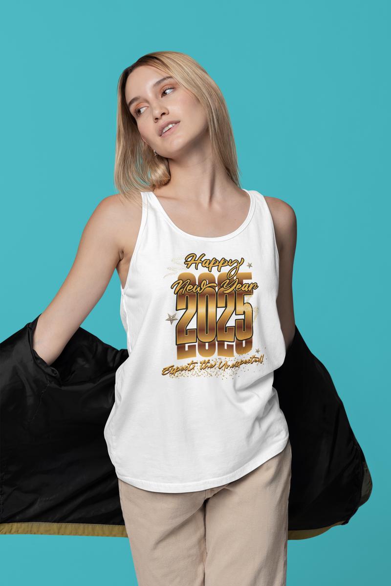 'Happy New Year 2025, Expect The Unexpected' Unisex Jersey Tank.