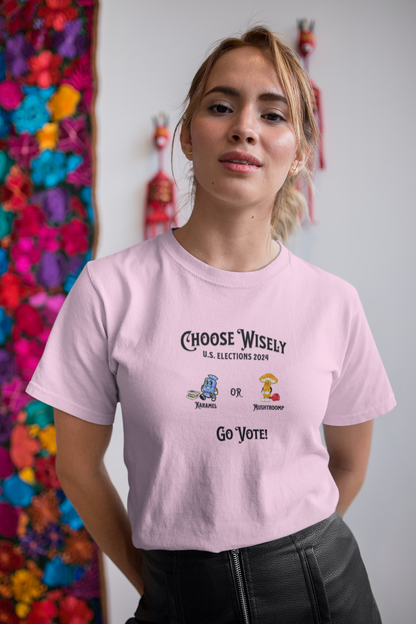 'Choose Wisely-U.S. Elections 2024... Karamel or Mushtroomp...Go Vote!' Unisex Heavy Cotton Tee.