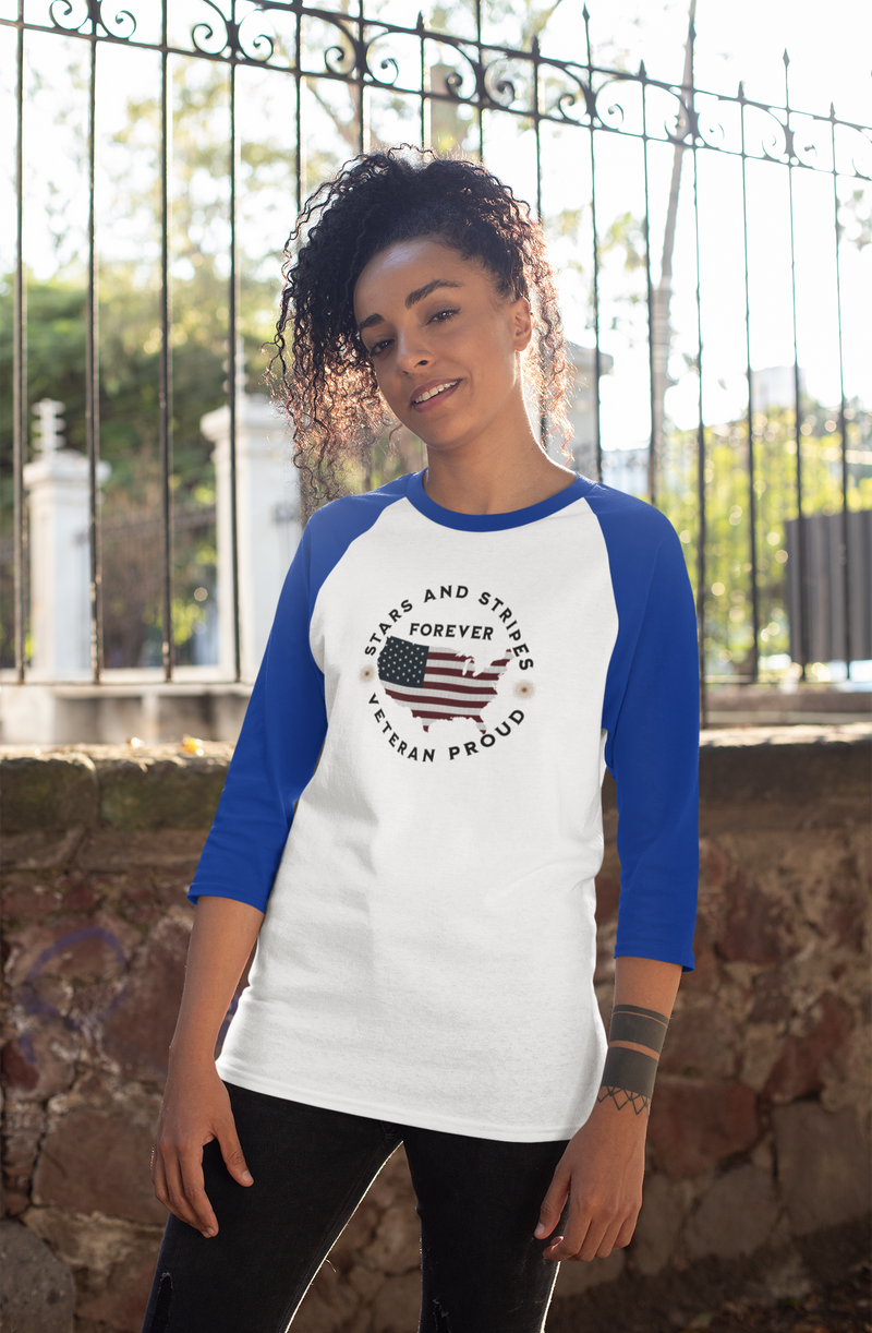 'Stars and Stripes Forever -Veteran Proud-'. Unisex 3\4 Sleeve Baseball Tee.