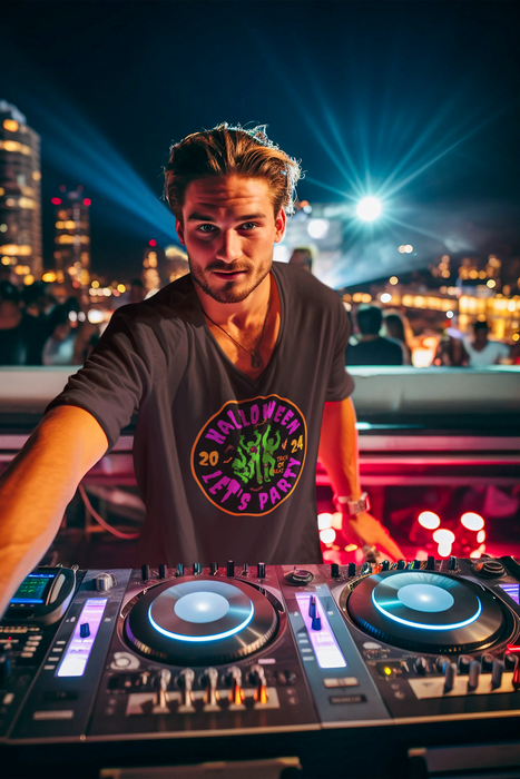 'Halloween 2024-Let's Party' Unisex Jersey Short Sleeve V-Neck Tee.