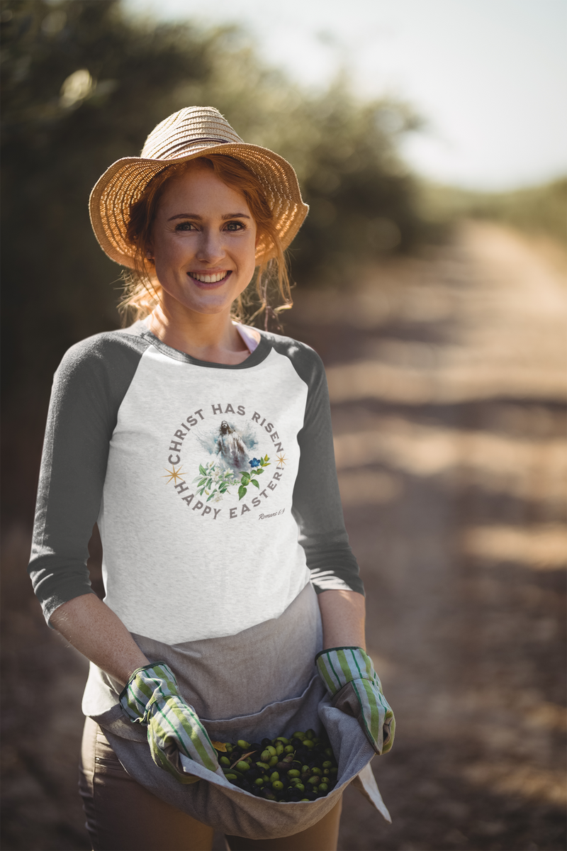 "Christ has Risen" Happy Easter!' Romans 6:9 Unisex 3\4 Sleeve Baseball Tee.