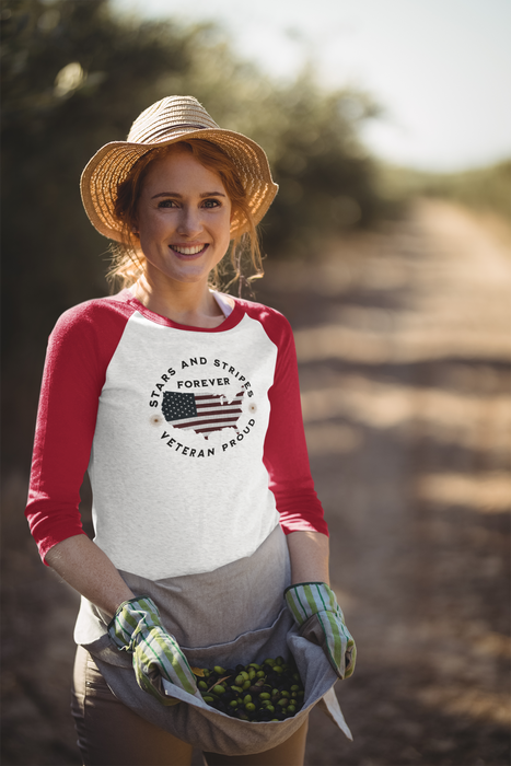 'Stars and Stripes Forever -Veteran Proud-'. Unisex 3\4 Sleeve Baseball Tee.