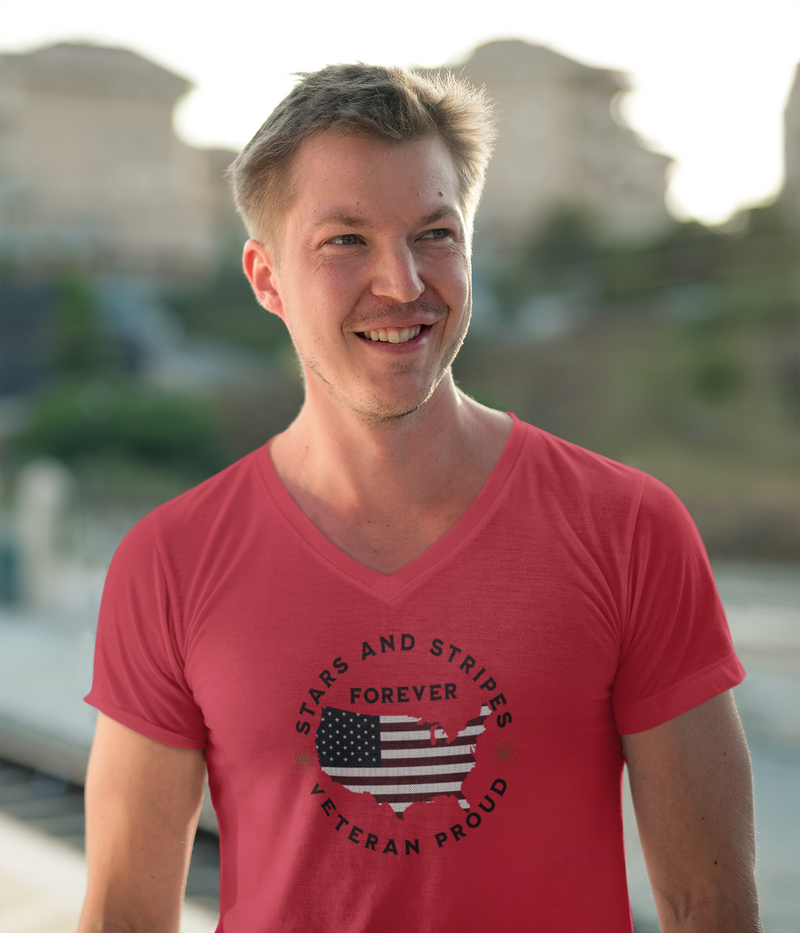 'Stars and Stripes Forever  -Veteran Proud-'. Unisex Jersey Short Sleeve V-Neck Tee.
