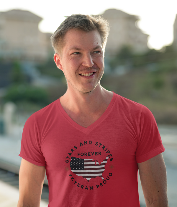 'Stars and Stripes Forever  -Veteran Proud-'. Unisex Jersey Short Sleeve V-Neck Tee.