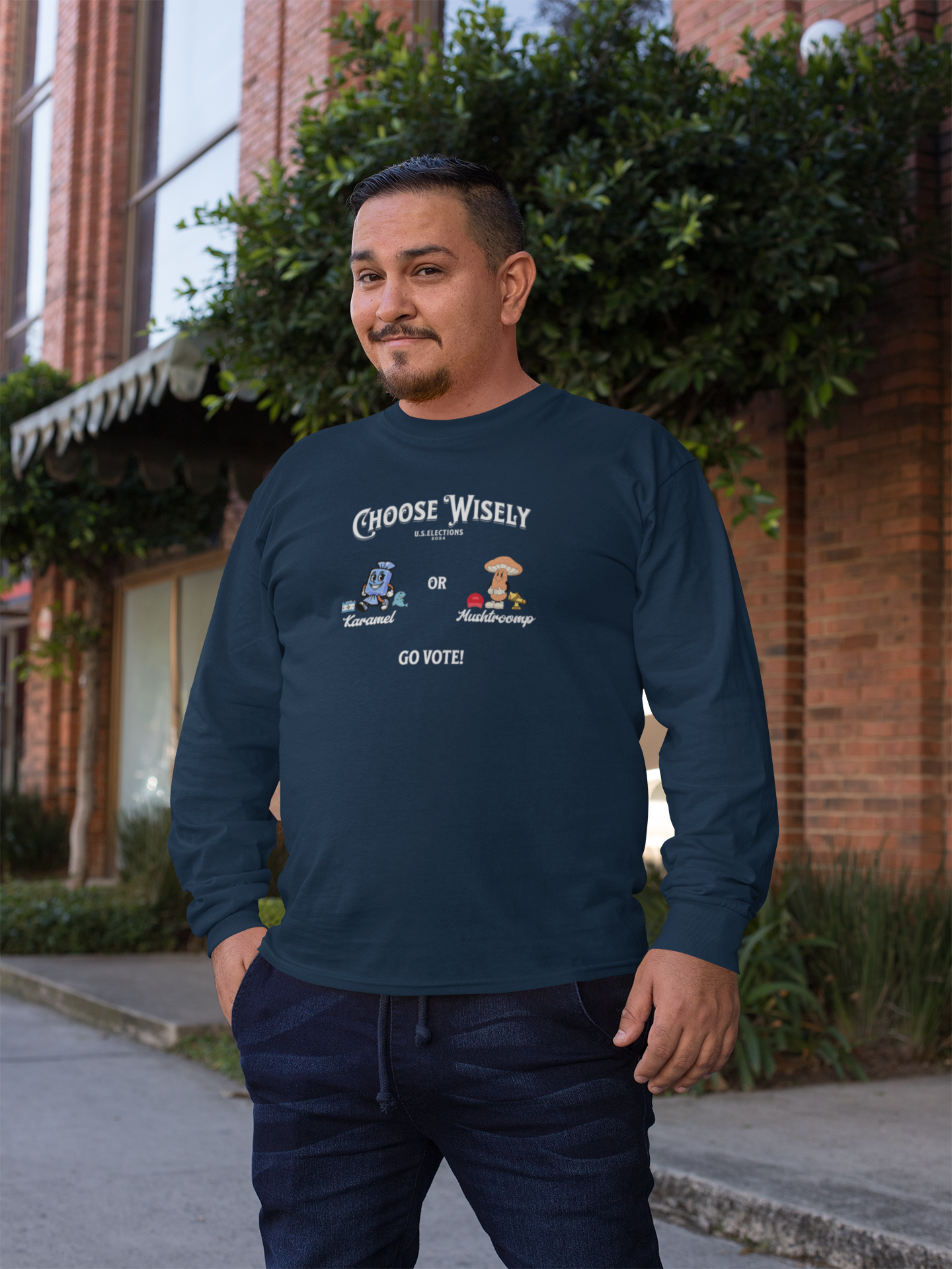 'Choose Wisely- U.S. Elections 2024- Karamel or Mushtrump...Go Vote!', Unisex Ultra Cotton Long Sleeve Tee.