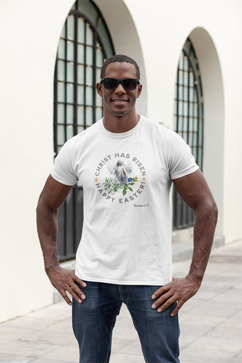 ' "Christ has Risen..." Happy Easter!' Romans 6:9 Unisex Cotton Tee.