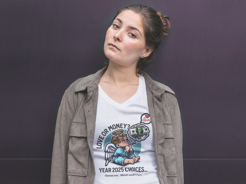 'Love or Money?  Year 2025 Choices...Choose One...Which would it be?' Unisex Jersey Short Sleeve V-Neck Tee.
