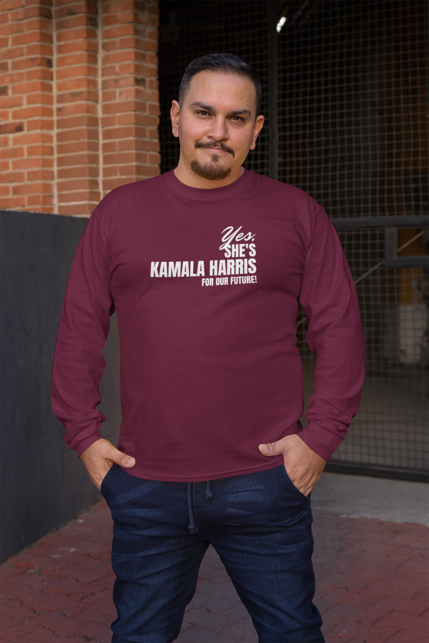 'Yes, She's Kamala Harris For Our Future!'. Unisex Ultra Cotton Long Sleeve Tee.