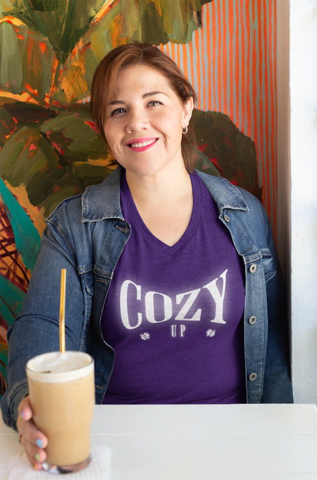 'Cozy Up' Unisex Jersey Short Sleeve V-Neck Tee.