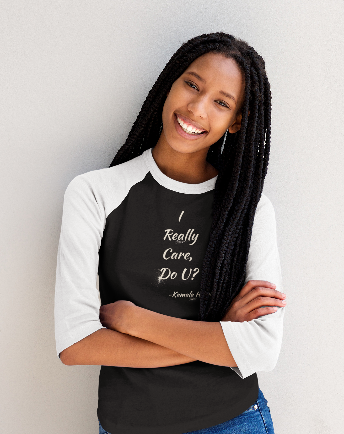 'I Really Care, Do U? -Kamala Harris 2024'. Unisex 3\4 Sleeve Baseball Tee.