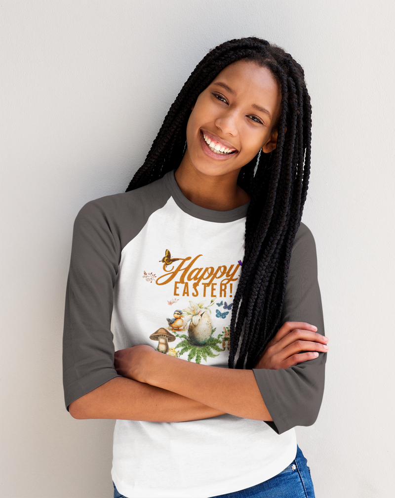 'Happy Easter' Unisex 3\4 Sleeve Baseball Tee.