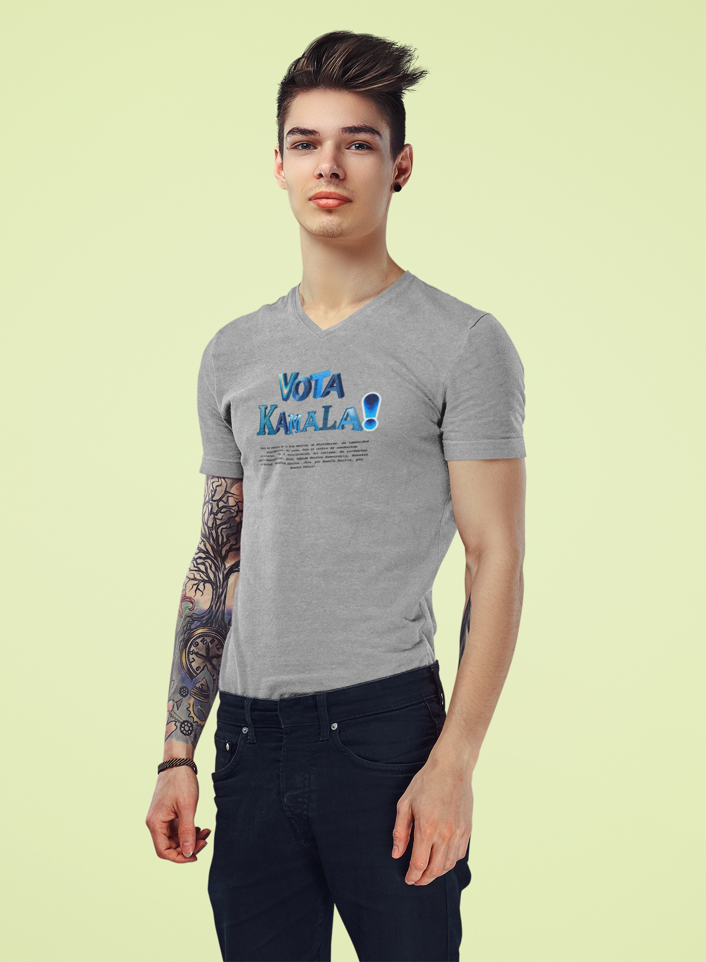 'Vota Kamala! Vota en contra de La Gran Mentira, de dictaduras, de immunidad presidencial,  del acoso, Vota en contra de conductas criminales...'  Unisex Jersey Short Sleeve V-Neck Tee