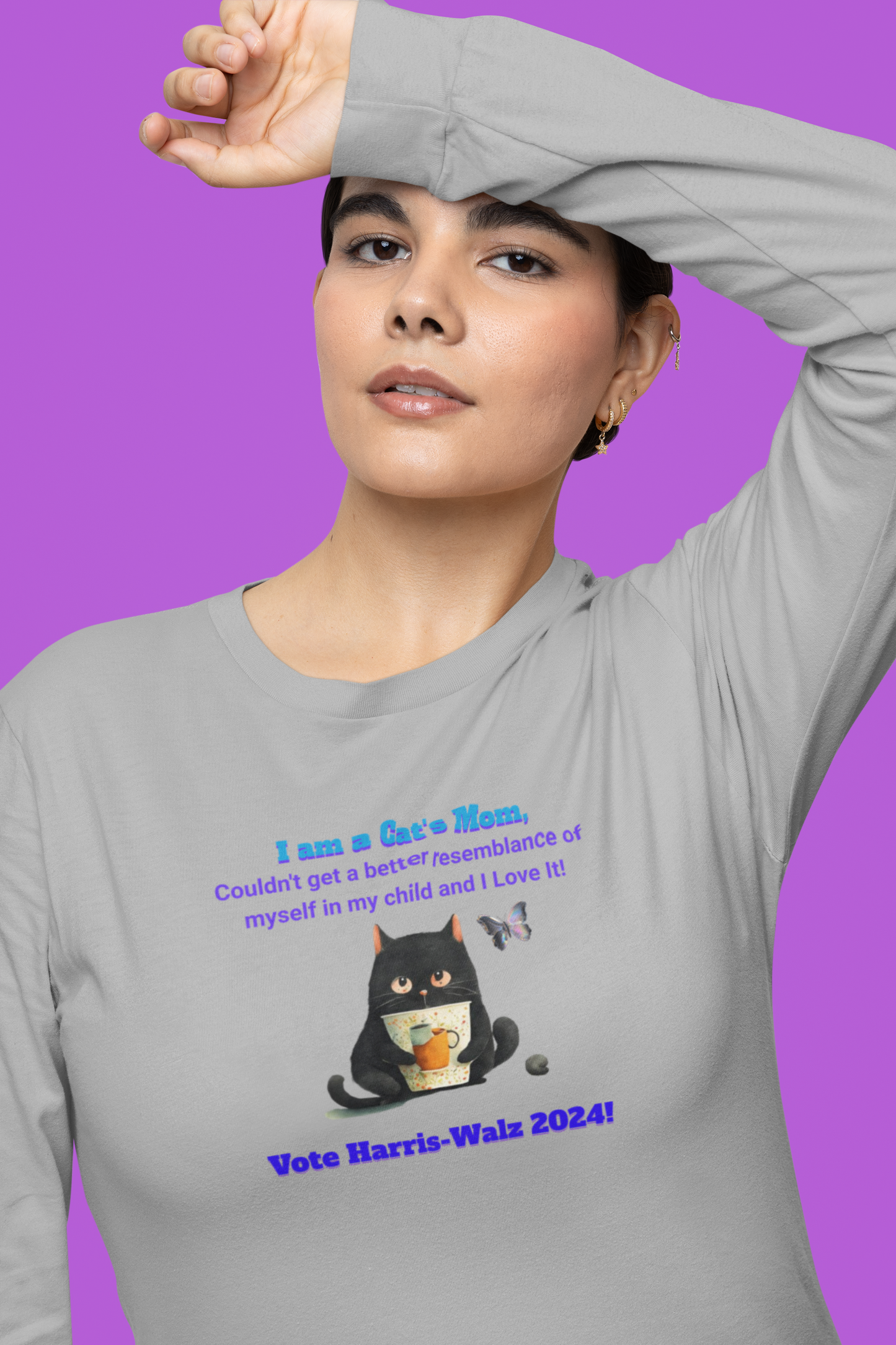 'I am a Cat's Mom, Couldn't Get a Better Resemblance of Myself in My Child and I love It!...Vote Harris - Walz 2024!' Unisex Ultra Cotton Long Sleeve Tee