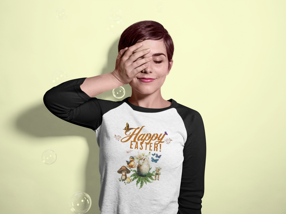 'Happy Easter' Unisex 3\4 Sleeve Baseball Tee.