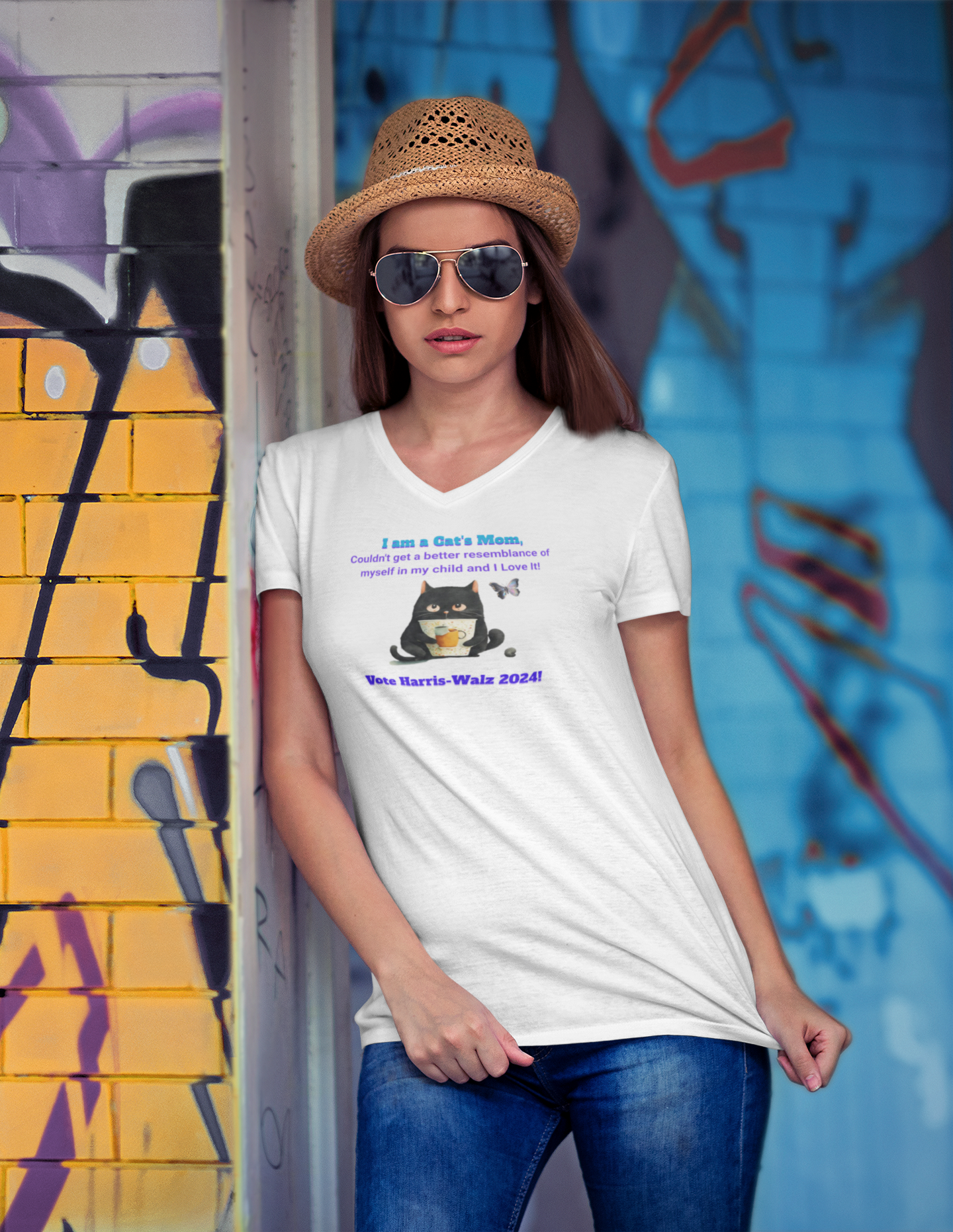 'I am a Cat's Mom, Couldn't Get a Better Resemblance of Myself in My Child and I Love It!...Vote Harris - Walz 2024!' Unisex Jersey Short Sleeve V-Neck Tee