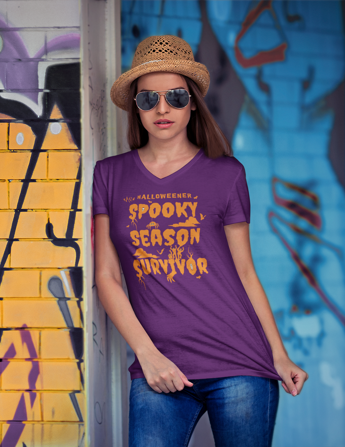 'Spooky Season Survivor' Unisex Jersey Short Sleeve V-Neck Tee.