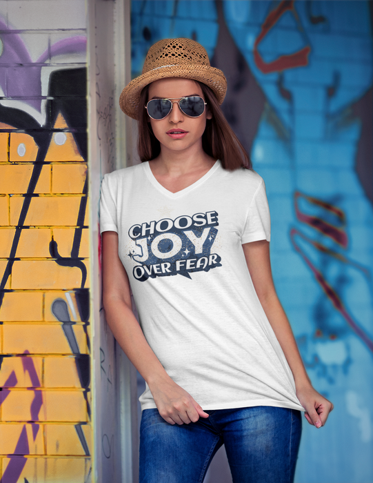 'Choose Joy Over Fear' V-Neck Tee - Unisex Inspirational T-Shirt.
