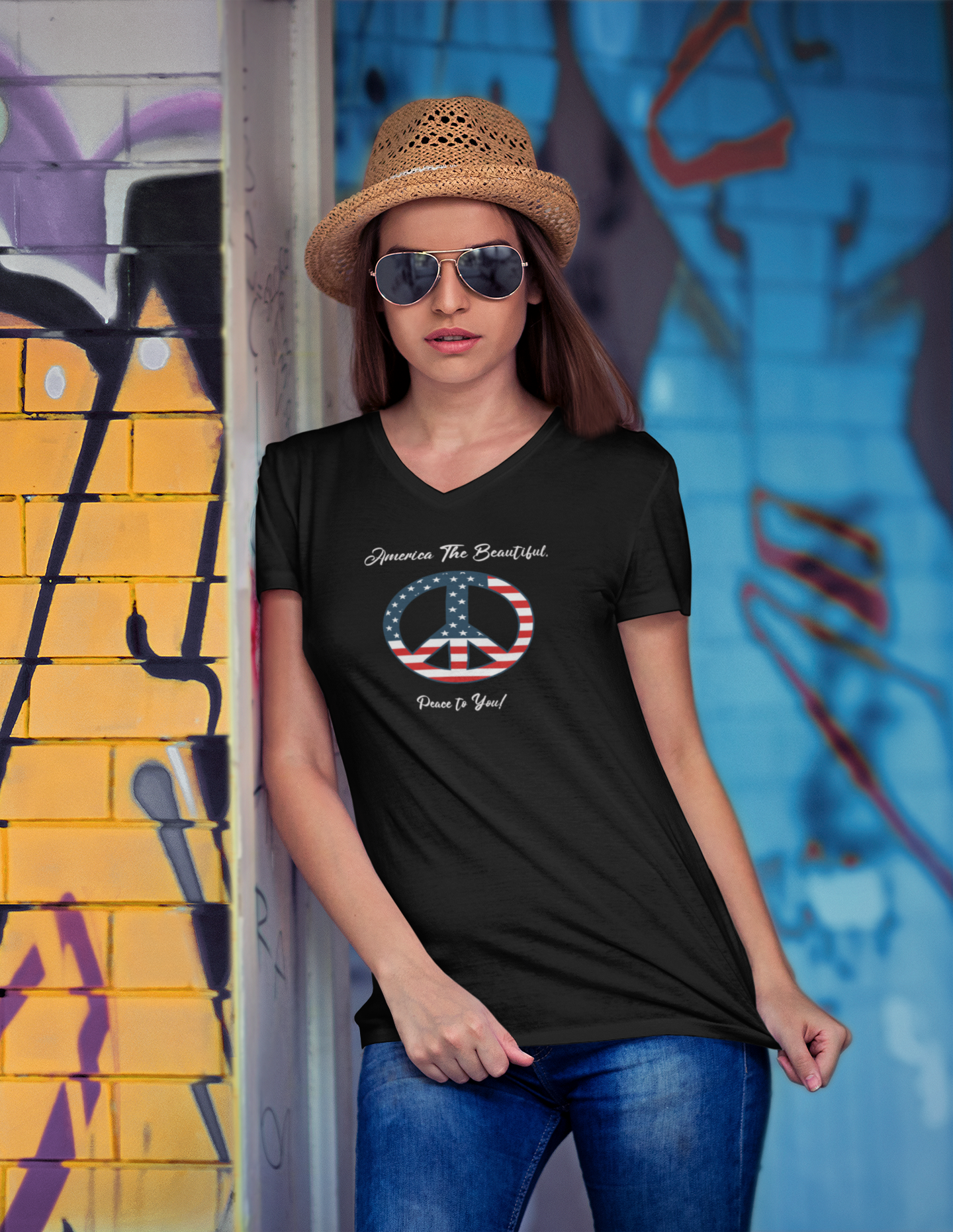 'America The Beautiful...Peace To You!' Unisex Jersey Short Sleeve V-Neck Tee.