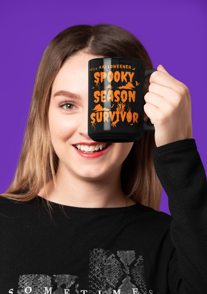 'Halloweener- Spooky Season Survivor' Black Mug. (15oz)