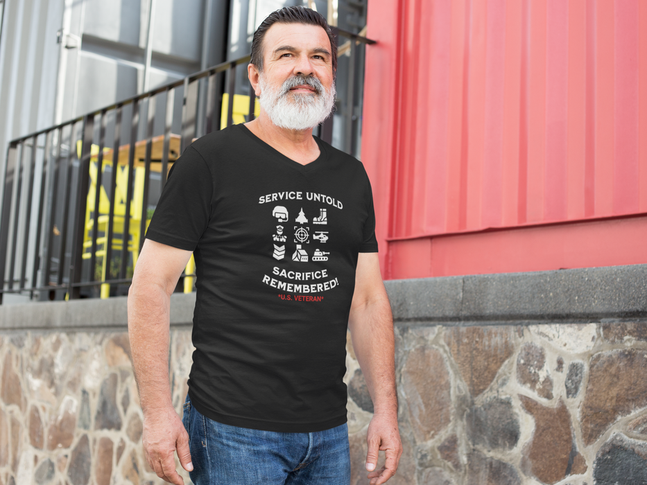 'Service Untold, Sacrifice Remembered! -U.S. Veteran-.' Unisex Jersey Short Sleeve V-Neck Tee.