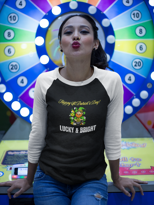 'Happy St. Patrick's Day! Lucky & Bright' Unisex 3\4 Sleeve Baseball Tee.