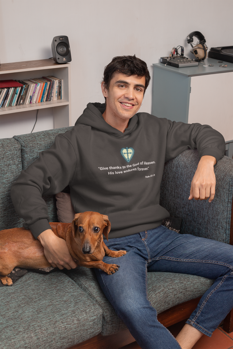 "Give Thanks to the God of Heaven. His Love endures forever" Psalm 136:26 Unisex Heavy Blend™ Hooded Sweatshirt.