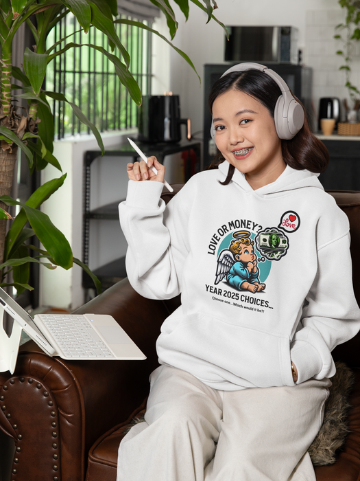 'Love or Money? Year 2025 Choices...Choose One...Which would it be? Unisex Heavy Blend™ Hooded Sweatshirt.