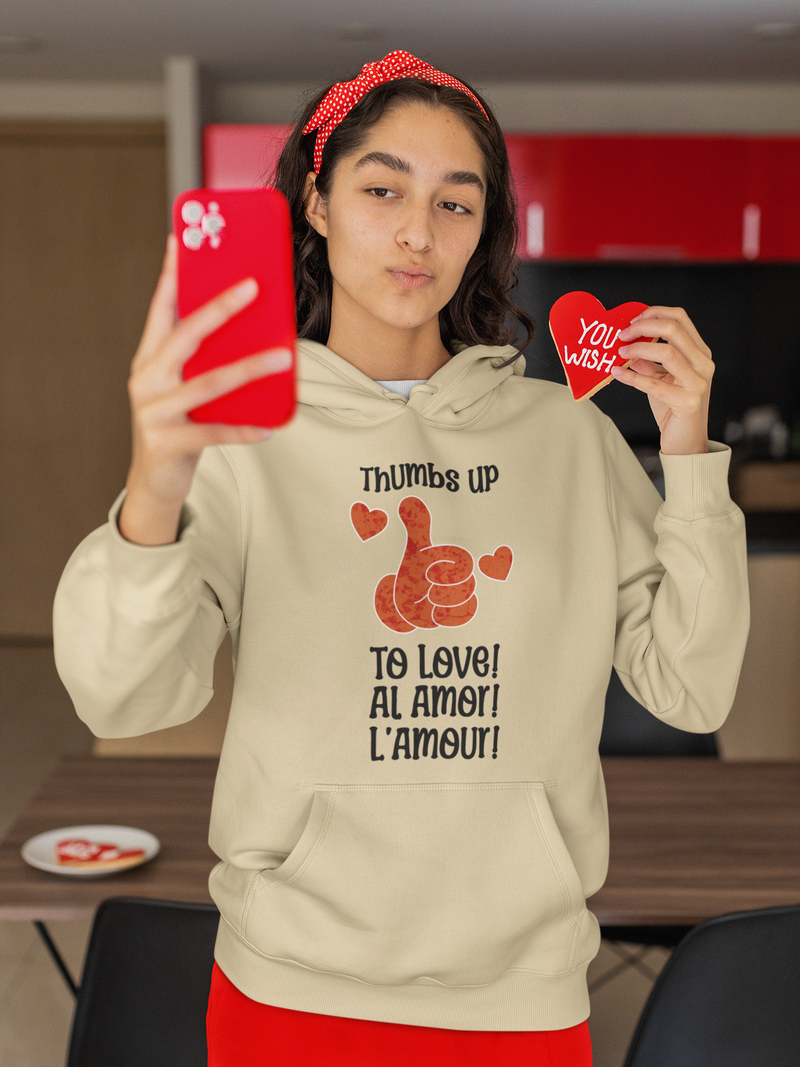 'Thumbs Up to Love!, Al Amor!, L'Amour! Unisex Heavy Blend™ Hooded Sweatshirt.