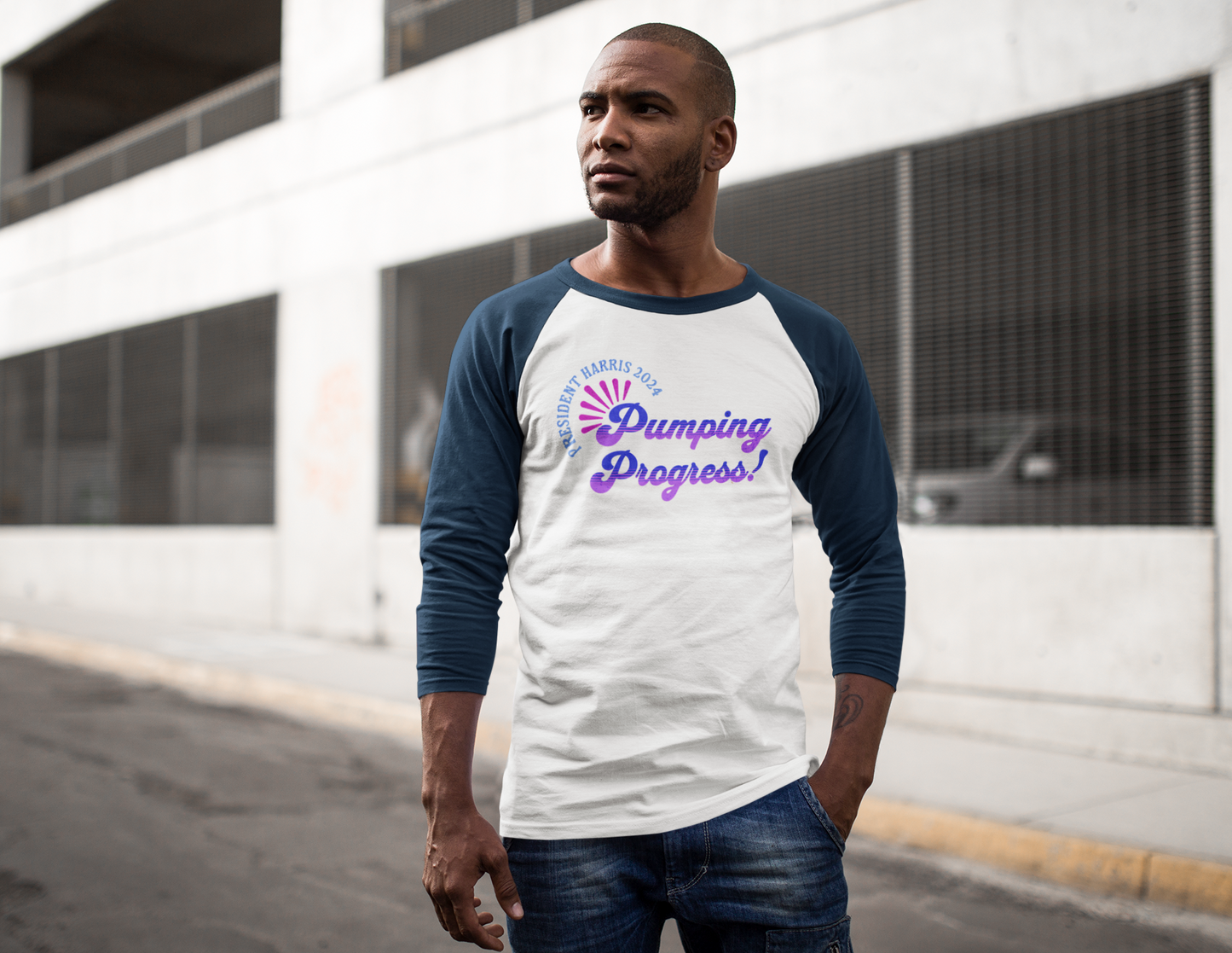 'President Harris 2024. Pumping Progress!' Unisex 3\4 Sleeve Baseball Tee.