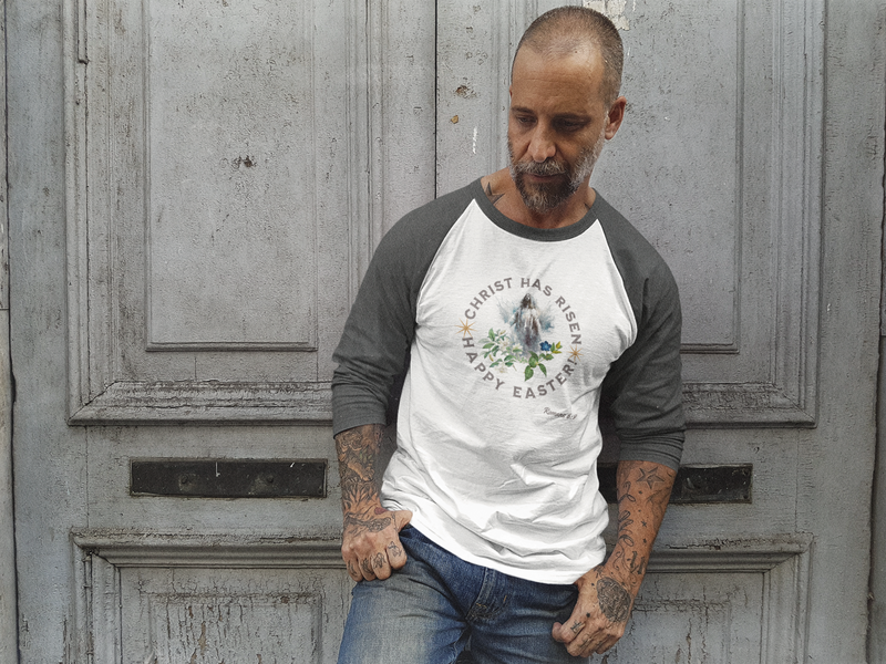 "Christ has Risen" Happy Easter!' Romans 6:9 Unisex 3\4 Sleeve Baseball Tee.