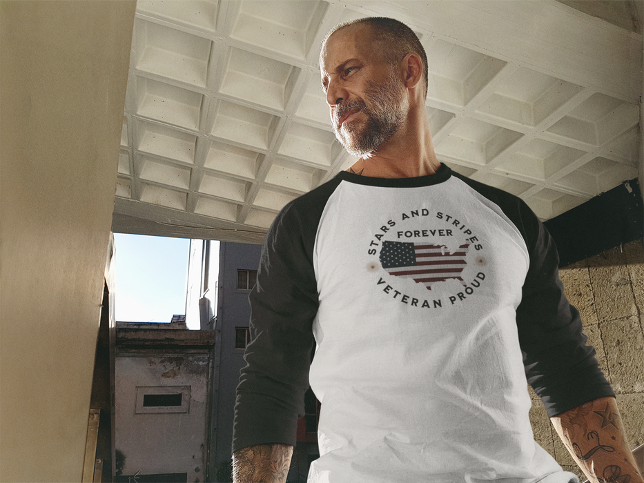 'Stars and Stripes Forever -Veteran Proud-'. Unisex 3\4 Sleeve Baseball Tee.